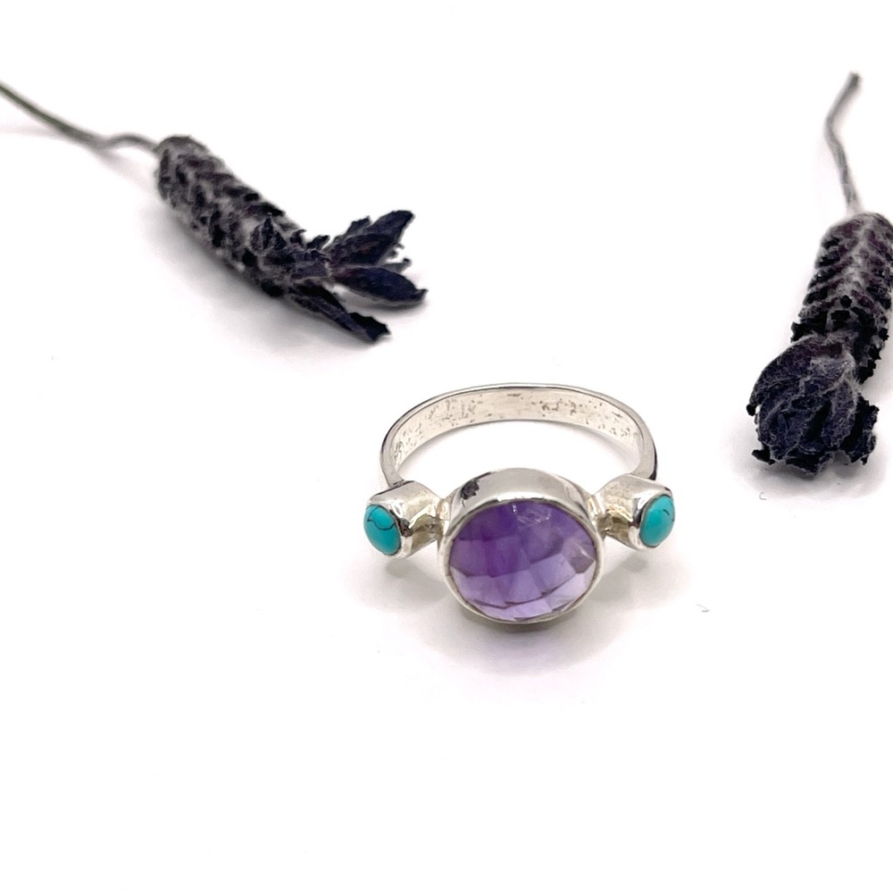 Sterling Silver Amethyst Turquoise Ring: Size 7 Boho Jewelry